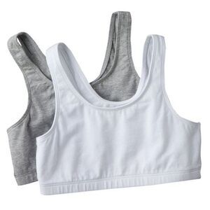 2/$10! Fruit of the Loom 2 Cotton Girls Sport Bras White and Gray Sz 34